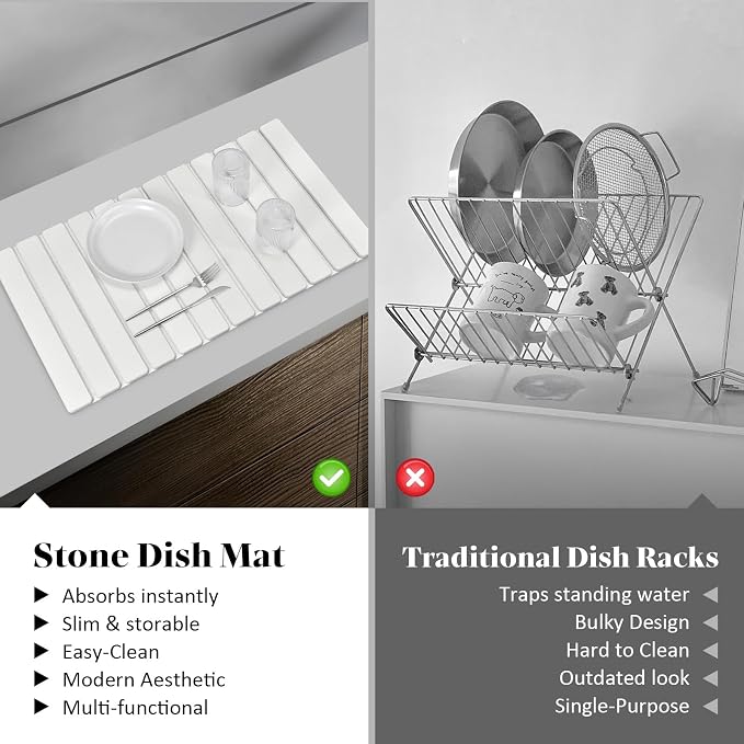 Large Stone Dish Drying Mat for Kitchen Counter, Foldable Quick Drying Dish Mats, Ultra Absorbent Diatomaceous Earth Mats for Dishes Bottles Cups, Match Any Countertop (White 28"×16" & 8"x4")