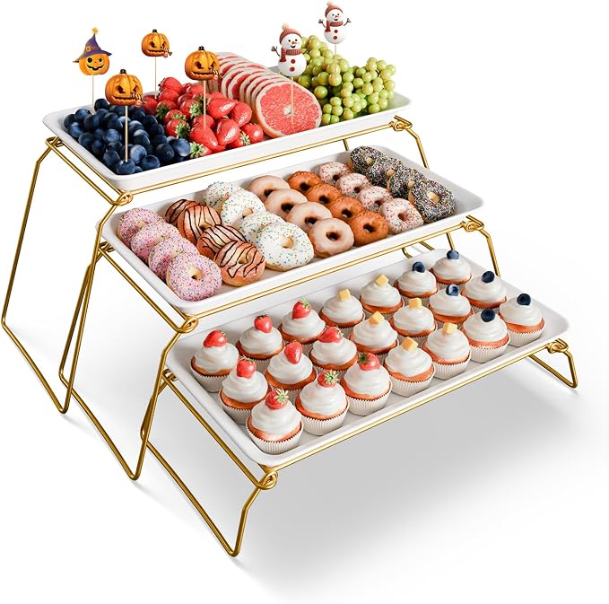 Bumusty Large 3-Tier Melamine Serving Tray Set, 17 x 8.7 in, Gold Stand | Melamine Reusable Platters with Metal Display Stand for Cupcakes, Desserts, Fruit, Cookies, Parties, Birthdays and Holidays