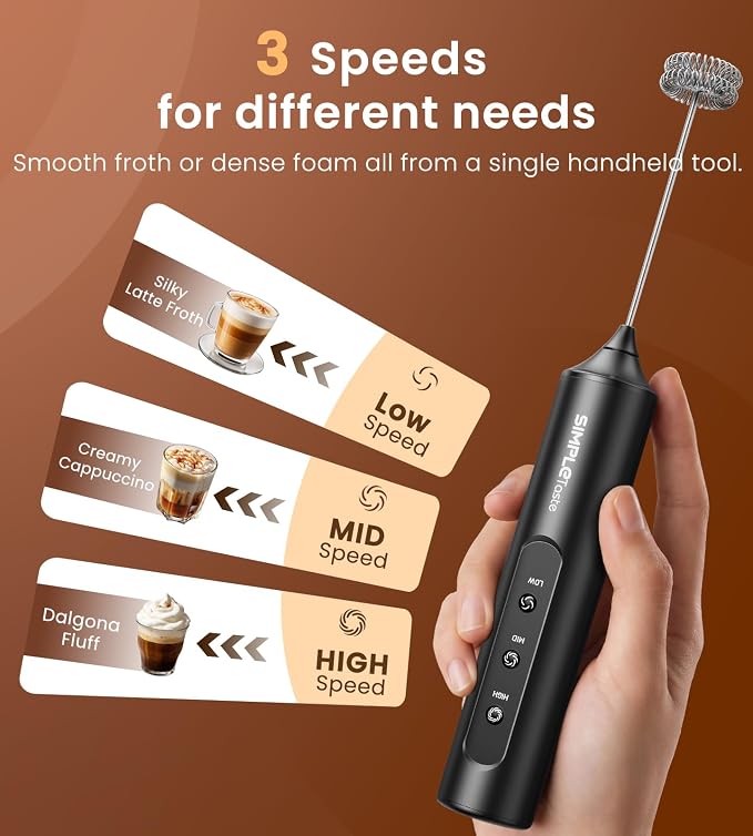 SIMPLETASTE Rechargeable Handheld Milk Frother Wand with Stand | 3 Variable Speeds, 3 Whisks, Electric Drink Mixer for Latte, Cappuccino, Matcha and Protein Powder, Black