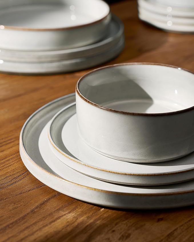 Famiware Annecy 12-Piece Stoneware Dinnerware Set, Grey White | Stoneware Plates and Bowls for 4, Handmade Reactive Glaze, Microwave & Dishwasher Safe, Chip & Scratch Resistant