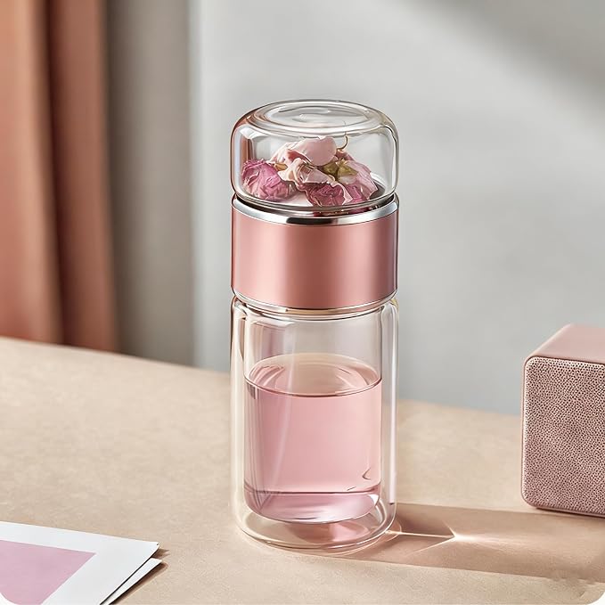 Yosoo Health Gear Tea Infuser Bottle 420ml Double Layer Stainless Steel Leak Proof Separating Bottle Reusable Glass Water Bottle for Office Travel Home Rose Gold