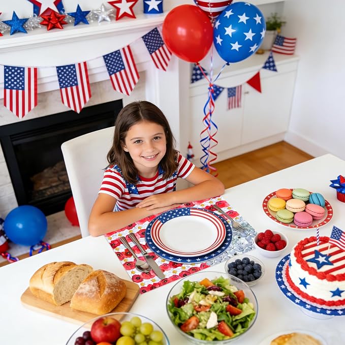 50 Pack Disposable Paper Placemats, Flower Patriotic Table Mats | Red White Blue Watercolor 4th of July Memorial Day