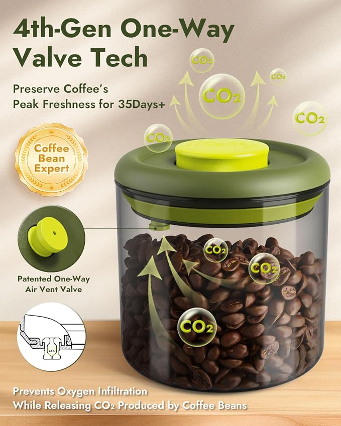 Vacuum Sealed Coffee Canister, 20.5oz Airtight Glass Jar | Borosilicate Glass, UV-Protective Tint, 360° Airtight Seal, One-Press Pop Top, for Coffee Beans & Grounds