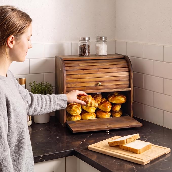 Alpeir Roll Top Bread Box with Cutting Board for Kitchen Countertop, Brown | Large Breadbox with Ventilation Holes, Double Layer Pantry Shelf, Wooden Homemade Bread Storage Container, Vintage Farmhouse