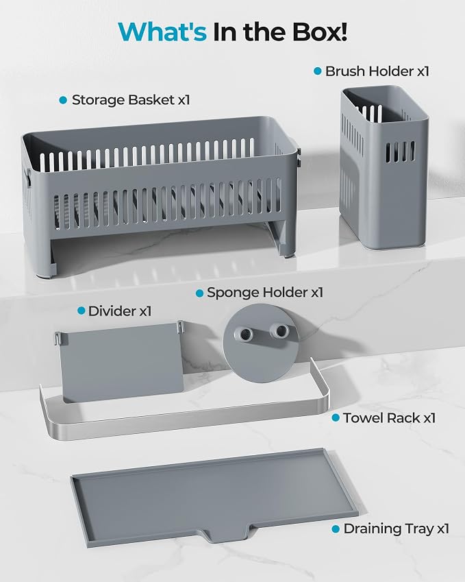 Nieifi Sponge Holder, Grey Rustproof ABS Sink Caddy with Towel Rack | Smiley Sponge and Brush Holders with Drainage to Keep Items Dry. 10"L x 4.5"D. Kitchen Counter Organizer & Essential Storage.
