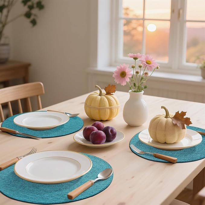 Cotton Linen 15 Inch Round Cloth Place mats, Set of 4, Teal | Washable Table Mats, Heat Resistant, Reversible, Wipeable Place Mats for Indoor Outdoor