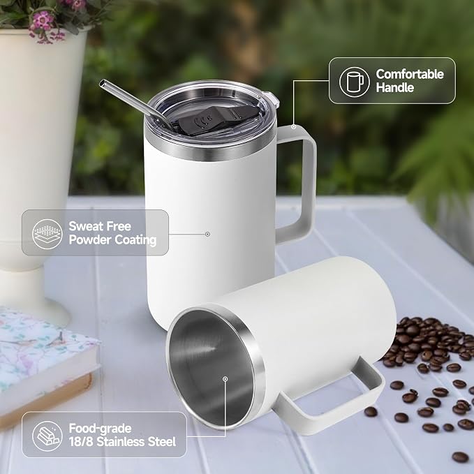 Volhoply 22oz Insulated Stainless Steel Coffee Mug with Leakproof Lid,Double Wall Vacuum Travel Coffee Cup with Handle,Reusable Metal Tumbler,Camping Mugs Keep Hot&Cold(White,1)