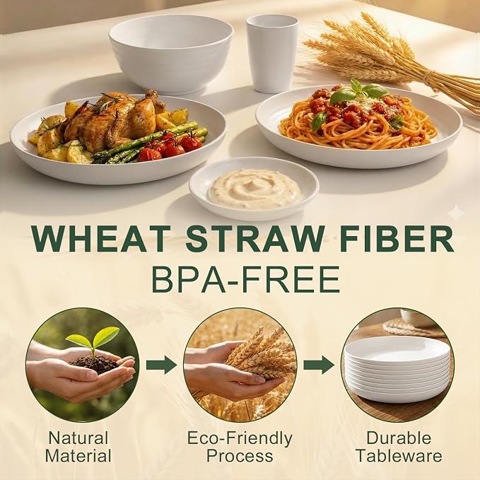 Dinnerware Sets for 8, Wheat Straw Plate and Bowl Set, Unbreakable Kitchen Set 40 Piece, Microwave and Dishwahser Safe Plates and Bowls Sets for Apartment, Kitchen, Camping, Dorm - White
