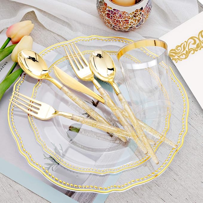 175 Pcs Clear Gold Plastic Plates, Serves 25, for Wedding & Party | Clear plastic plates with elegant gold rim & glitter-handle cutlery. Perfect for weddings. Durable and easy to clean.