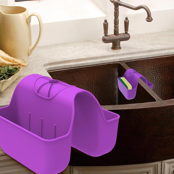 Sponge Holder for Kitchen Sink, Silicone Sink Saddle Caddy Organizer Rack, Sponges Holder Over Faucet, Hanging Kitchen Organizer Accessories Rack Basket - Purple