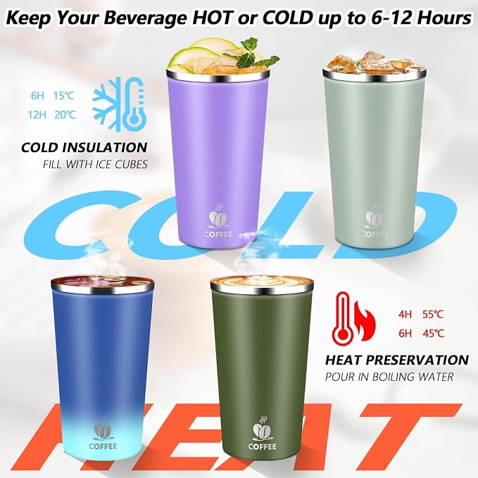 Insulated Travel Coffee Mug Reusable Coffee Tumbler Cup with Flip Lid Leak Proof Spill Proof for Office School Party Camping Hot and Cold Drink,Stainless Steel 17oz (Agave Green)