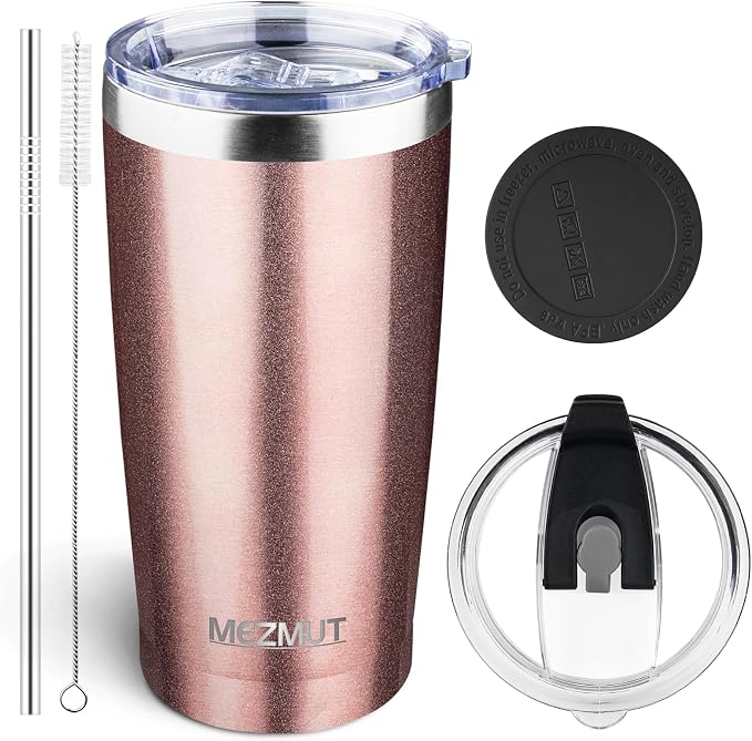 MEZMUT 20oz Insulated Tumbler Travel Coffee Mug with Lid Straw(Rose Gold,1) | 18/8 Stainless Steel Double Wall Vacuum Spill Proof Metal Insulated Tumbler with Daul Lid and Straw, Hot or Iced Coffee Cup