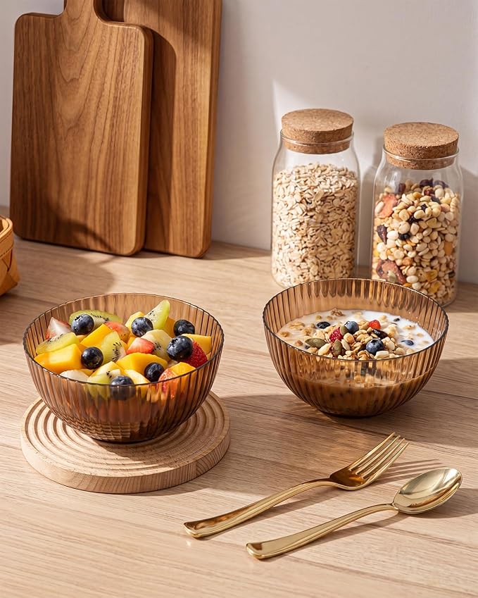 bUCLA 12 PCS Plastic Cereal Bowls Set - 28 Oz Clear Brown Disposable Vertical Stripes Serving Bowls for Snack, Salad, Dessert & Fruit
