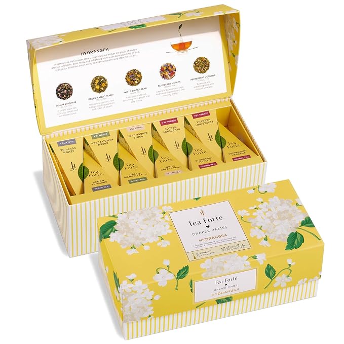 Tea Forte Tea Sampler, 20 Pyramid Infuser Bags, Premium Tea Gift Set | Hydrangea Tea Presentation Box, 4 of Each Blend, Individually Wrapped, Giftable Presentation Box for Tea Lovers
