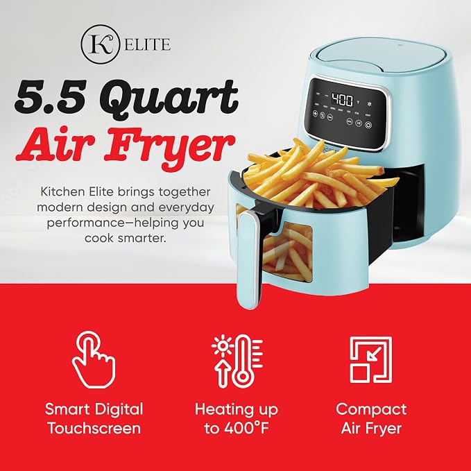 Kitchen Elite 5.5 Qt Compact Digital Air Fryer, 7-in-1 Small Airfryer with LED Screen, Nonstick Dishwasher Safe Basket, Space-Efficient Design, Blue