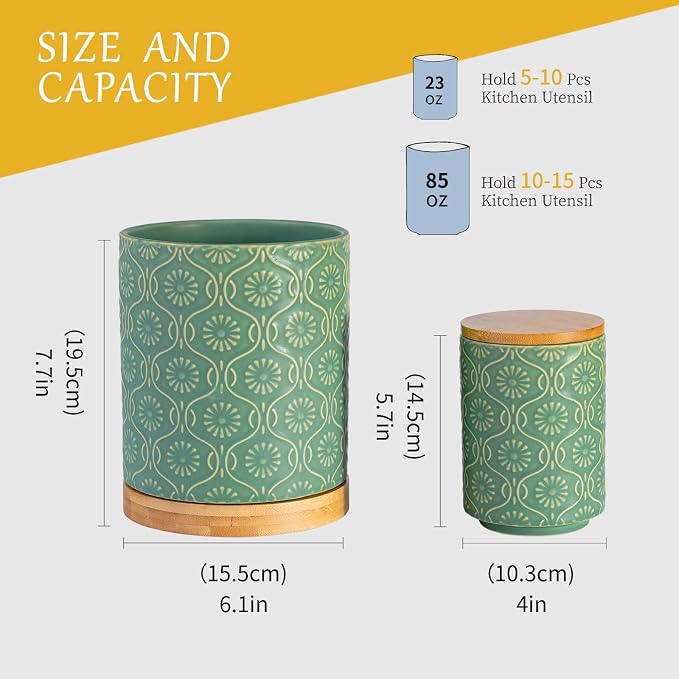 TEATALK Ceramic Canister with Airtight Lid, Cookie & Coffee Canister for Countertop, Food Storage Jar for Sugar, Tea, Matcha, Candy, Coffee Bean Container, Green,7.7"+5.7"