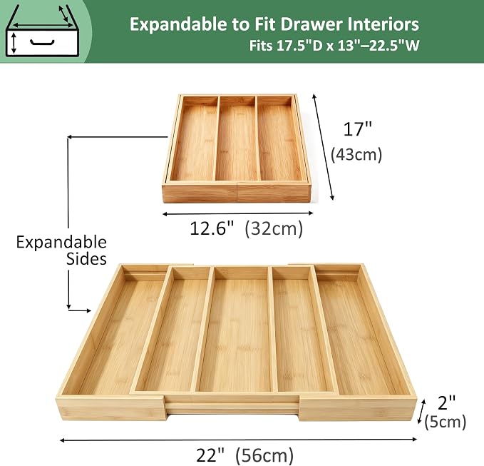 Utoplike Bamboo Expandable Kitchen Drawer Organizer Silverware Utensil Tray | Cutlery Holder, Drawers Divider for Large Utensils, Flatware, Knives, Spatulas in Kitchen, Office, Adjustable 3-5 Slots