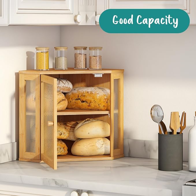 Corner Bread Box, Bamboo Bread Box for Kitchen Countertop, 2 Tier Wooden Bread Storage (Natural, Medium)