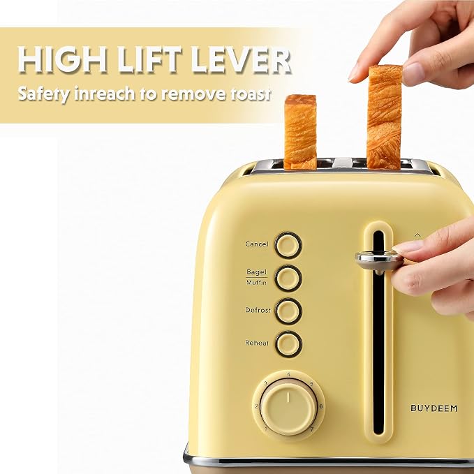 BUYDEEM DT620 2-Slice Toaster, 7 Shade Settings, Extra Wide 1.5'' Slots for Bagel & English Muffin, 6 Toasting Functions, Retro Stainless Steel Toaster with High Lift Lever, Mellow Yellow