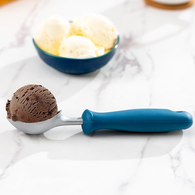 OOU Ice Cream Scoop, Stainless Steel Dessert Scoop with Premium Zinc Alloy Construction, Comfortable Ergonomic TPE Non-Slip Grip Handle, Blue