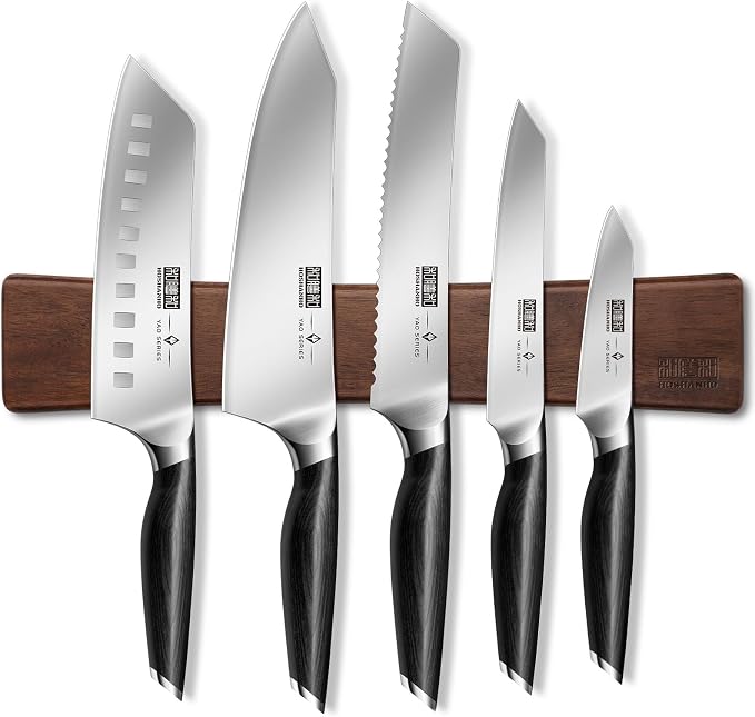 HOSHANHO Knife Set with Magnetic Knife Holder, 6-Piece Kitchen Knife Set | High Carbon Powder Steel Chef Knives Sets with Ergonomic Pakkawood Handle, Gifts for Men and Women