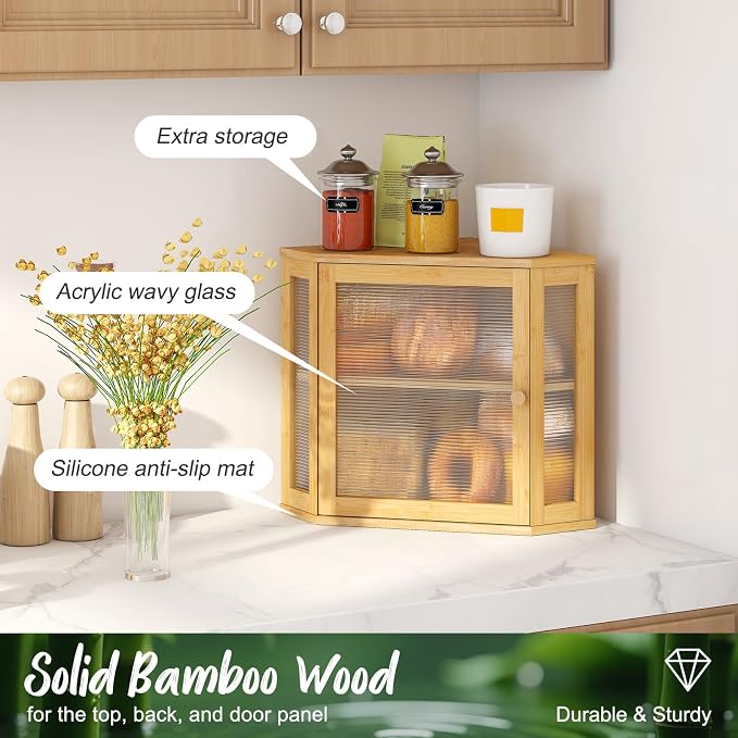 Corner Bread Box, Bamboo Bread Box for Kitchen Countertop, 2 Tier Wooden Bread Storage (Natural, Medium)
