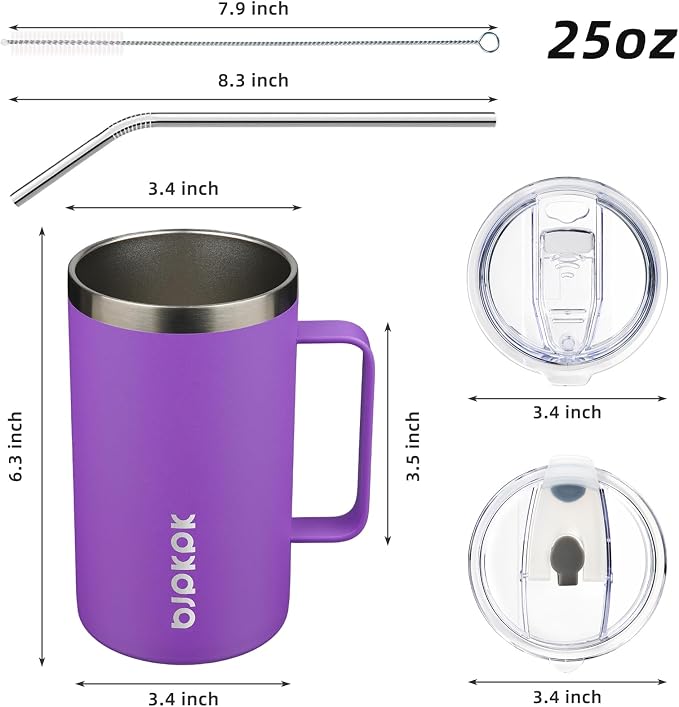 BJPKPK 25oz Insulated Coffee Mug with Handle, Stainless Steel Travel Mug | Keeps Drinks Hot & Cold, Double Wall Vacuum, 2 Lids Included, BPA-Free Coffee Tumbler for Home, Office & Travel