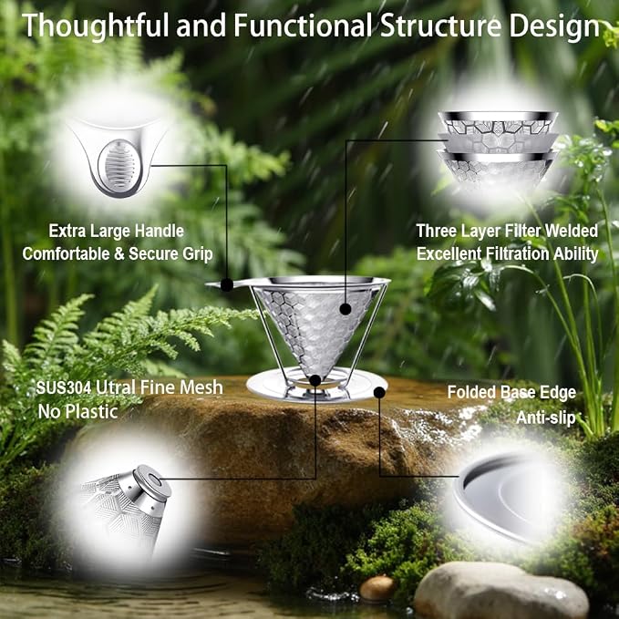 Pour over Coffee Dripper, Triple Layer Stainless Steel Cone Coffee Filter, 4 Cup Non-Electric Manual Portable Drip Coffee Maker, Metal Cone Cafe Coffee Dripper