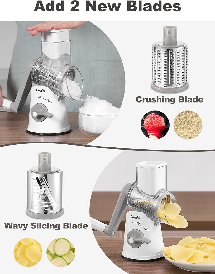 Geedel Upgraded Rotary Cheese Grater, 5 in 1 Cheese Shredder Veggie Slicer | Non-slip Suction Base, 430 Stainless Steel, No BPA, Dishwasher Safe, for Cheese Shredding, Wavy Slicing, Ice Shaving
