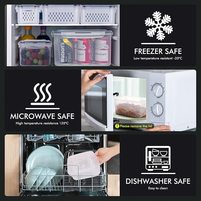 HOTEC 5-Pack Large Fruit Storage Container for Fridge Leak proof with Removable Colander, BPA Free Dishwasher & microwave safe Largest 4.15L
