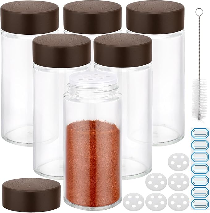 Segarty 4oz Spice Jar with Shaker Lids, 6 Pack 120ml Glass Round Empty Spices Jars with Wood Lids, Clear Seasoning Container Cereal Containers Set for Storage, Spice Bottle with 7 Stickers and 1 Brush
