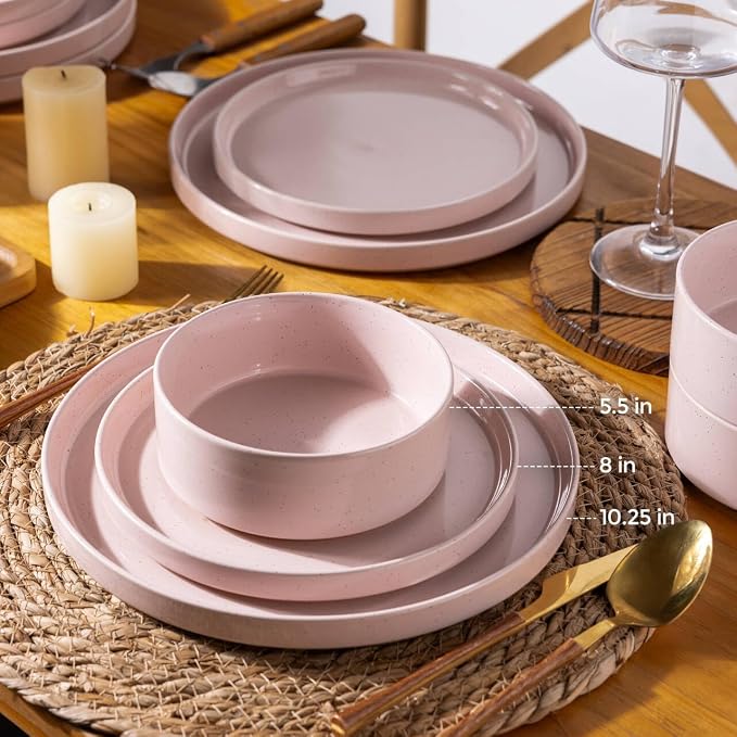 AmorArc Stoneware Dinnerware Sets for 8,24 Pcs Plates and Bowls Set | Handmade Ceramic Dish Set,Dishwasher & Microwave Safe,Scratch Resistant-Pink