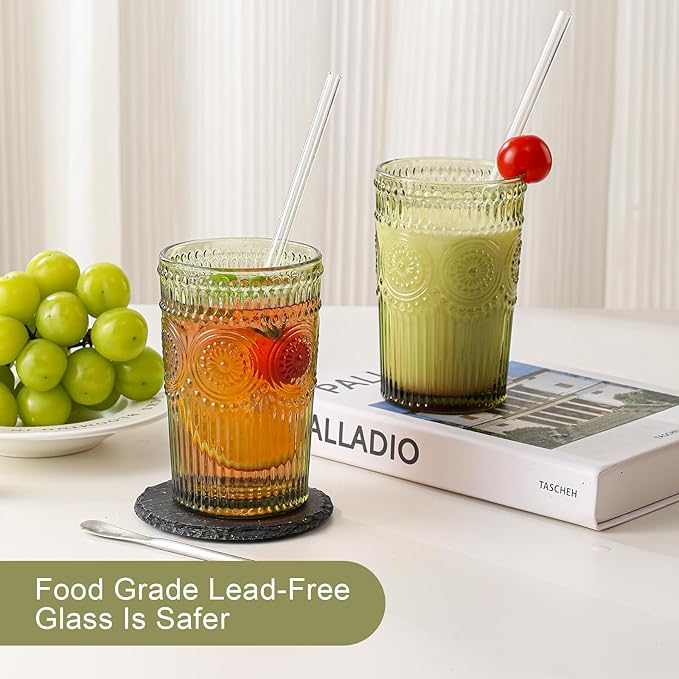 ZMOWIPDL Drinking Glasses Set of 6,13oz Flower Design Green Glass Cups | Vintage Glassware,Textured Tumblers,Embossed Striped Drinkware for Water,Cocktails,Juice,Iced Coffee