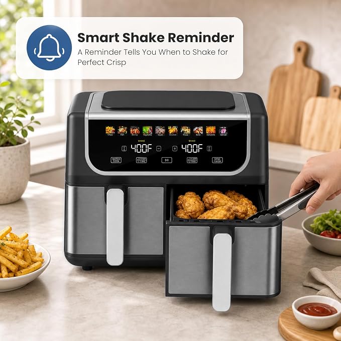 OLIXIS Dual Air Fryers with 2 Baskets 9.5 Quarts Large Airfryer 10-in-1 | Independent Temp Control 80-450°F, Ceramic Crisper Plate, Sync Setting, Shake Reminder, Bake Broil Defrost Dehydrate, Black