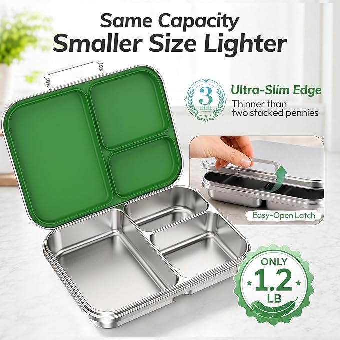 Stainless Steel Bento Lunch Box for Kids and Adults,3 Compartment Meal Lunch Box with Detachable Silicone Lid,Leak-Resistant Food Container with Snack Cup for School,BPA-Free(Green)