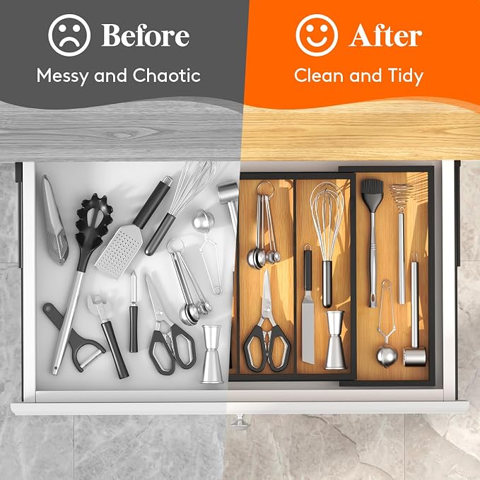 Lifewit Utensil Organizer for Kitchen Drawer, Expandable Cooking Utensil Tray, Cutlery Silverware Flatware Holder, Wood Adjustable Spatula Tools Storage Divider, 33-56x38cm, Natural and Black