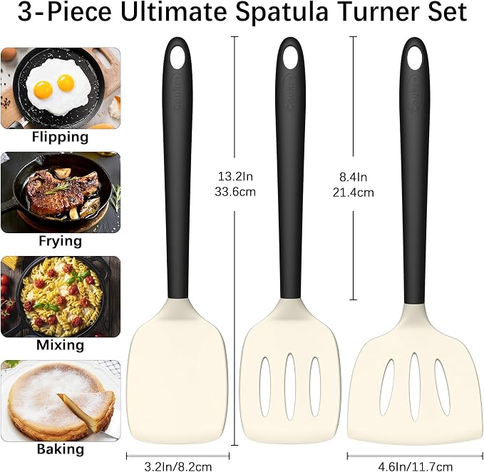 Coukre 3 Pack Silicone Spatula Set, Heat Resistant to 500°F, BPA-Free | Fish Spatula, Solid & Slotted Turners, Dishwasher Safe, Spatula Set for Eggs, Pancakes, Fish & Burgers, BeigeBlack