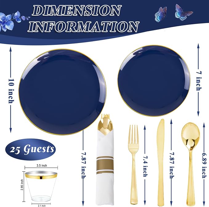 KIRE 175Pcs Blue Plastic Plates - Navy Blue Plates Disposable - 25 for Dinner 25 for Dessert 25 Pre Rolled Napkins with Gold Plastic Silverware and 25 Cups for 4th of July/Wedding/Party