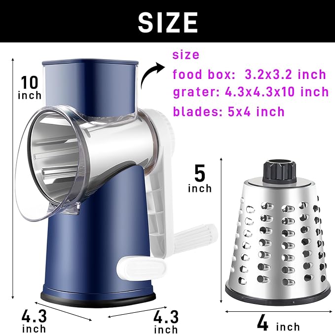 Weltonhm 4 in 1 Large Rotary Cheese Grater Hand Crank (Blue, 4 Graters) | Cheese Shredder Rotary and Slicer with 4 Stainless Steel Blades for Vegetables, Veggie and Cheese, Stronger Suction Base