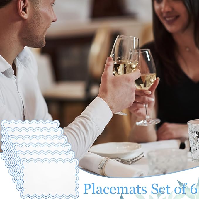 HunnmingRe White with Blue Set of 6 Cotton Linen Wedding Placemats, 13x19 Inch Scalloped Wavy Embroidery Placemat Double Layered Washable Rustic Rectangle Dinner Table Mat for Home Decor