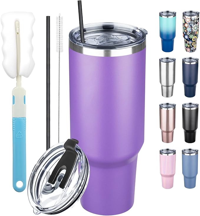 40 oz Tumbler with Lids and Straws, Stainless Steel Insulated Coffee Tumbler, Double Wall Vacuum Insulated Travel Mug Cup, Leakproof Thermal Coffee Cup for Hot and Cold Drinks (Purple)