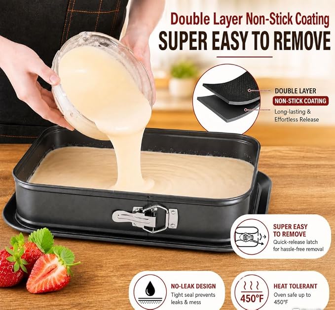 Rectangular Springform Cake Pan 11.02"x7.09"x2.55" - Leakproof Non-Stick Carbon Steel Cheesecake Pan with Removable Bottom Baking Pan for Cakes, Brownies, Lasagna & More