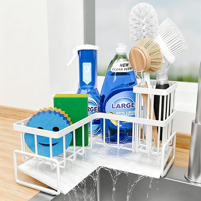Fikoksol Large Sponge Holder for Kitchen Sink, 90-Degree Sink Caddy Storage | Self Draining Sponge Rack for Countertop, Metal L-Shaped Dish Soap Organizer with Brush Holder, Corner Sink Storage Ideas
