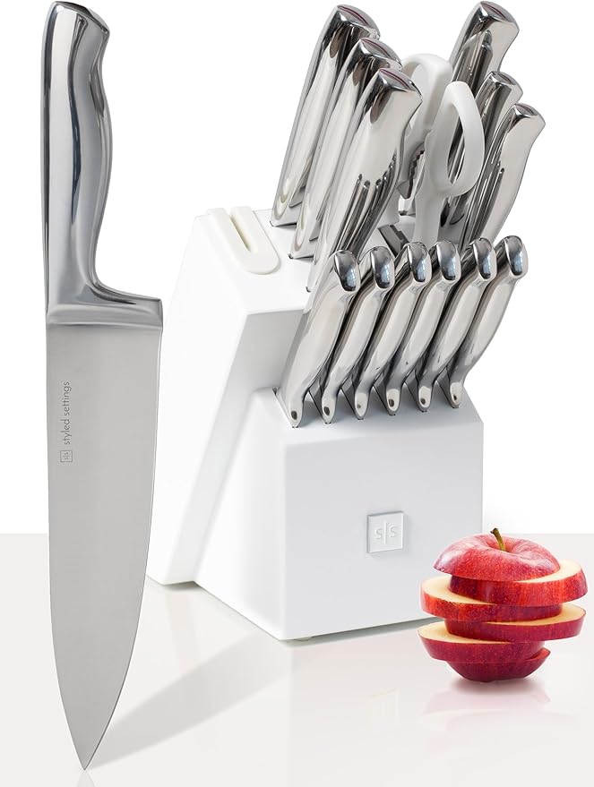 Styled Settings Stainless Steel Knife Set with Built In Sharpener, 14-Piece | Ultra Sharp, High Carbon Stainless Steel Kitchen Knife Set Includes White Knife Block with Sharpener Built In
