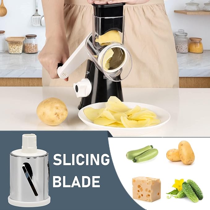 Rotary Cheese Grater Hand Crank Black - Shredder Slicer Grinder 3 Stainless Steel Blades, Stable Suction, Labor-Saving Handle, Safe Kitchen Tool for Cheese, Vegetable, Nuts, Chocolate