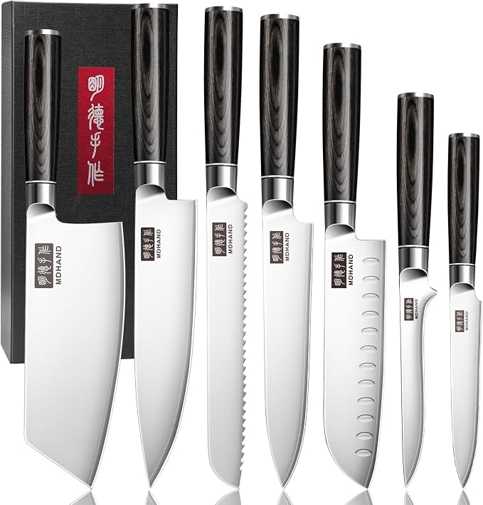 Kitchen Knife Set 7 Pieces, Ultra Sharp Japanese Knife Set Gift Box | High Carbon Stainless Steel Chef Knife Set with Pakkawood Handle, Knives Set for Kitchen & Home Cooking, Dishwasher Safe