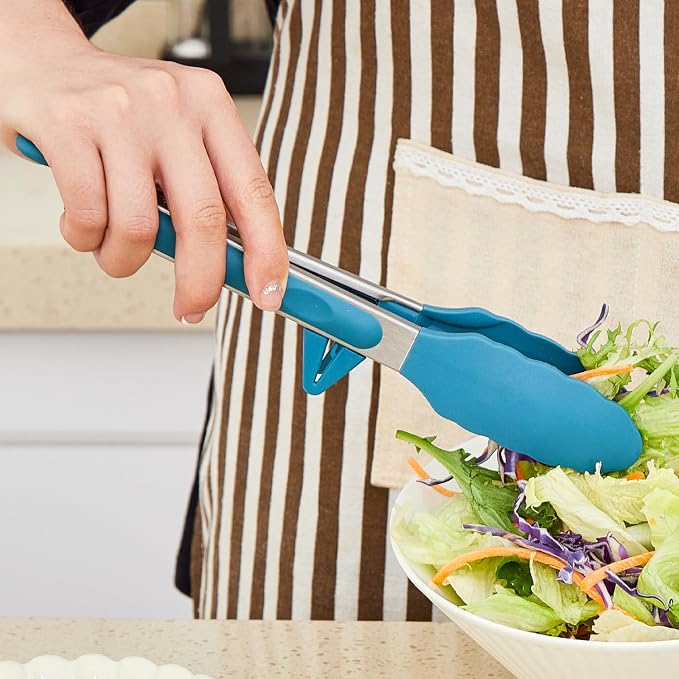 9" Kitchen Tongs for cooking with Silicone Tips, Salad Tongs, Peacock Blue | 3 Pcs Small Silicone Tongs mit Kickstand, Food Grade, 3 different type of tongs, Stainless Steel