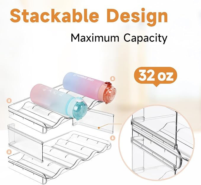 Stackable Water Bottle Organizer Large Compartment Water Bottle Holder | 2 Tier Clear Water Bottle Organizer for Cabinet, Water Bottle Rack for Kitchen Organization and Storage - Hold 8 Bottles