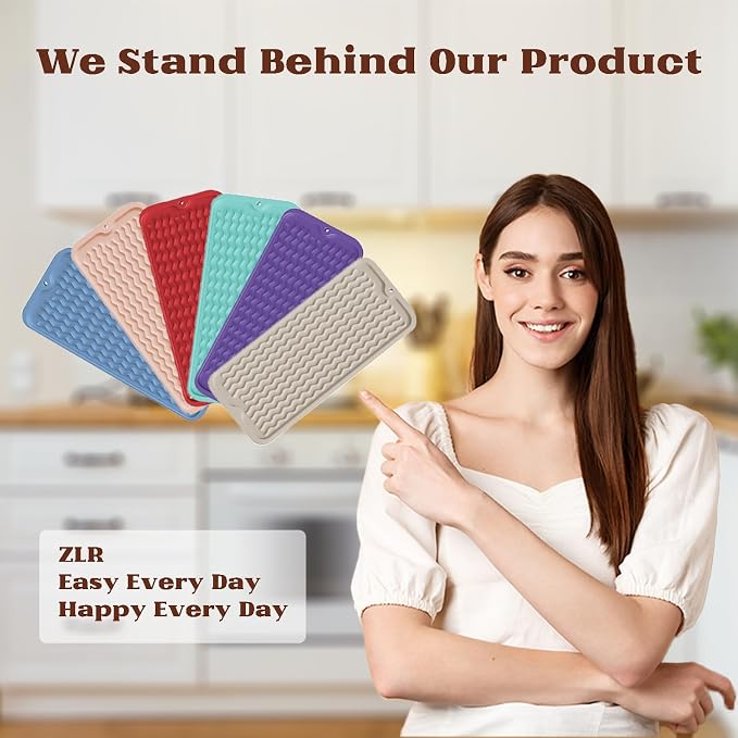 ZLR Small Dish Drying Mat for Kitchen Counter, 6"x17", 2-Pack, Dark Gray | Narrow Silicone Drainer for Apartment, Dorm & RV, Wavy Ridges Quick-Dry, Non-Slip, Rolls Up, Dishwasher Safe