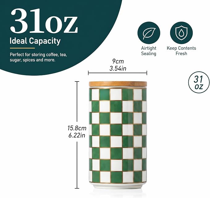 1 Piece Ceramic Coffee Canister, Airtight Coffee Container with Lid for Kitchen Storage (15.8x9cm, Green Checkered)